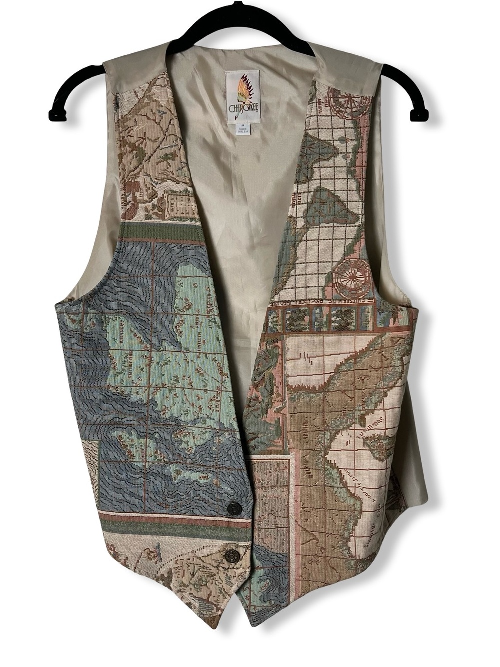 Cherokee Vintage 90s Pastel Tapestry Vest World Map Compass Made in USA Sz. M